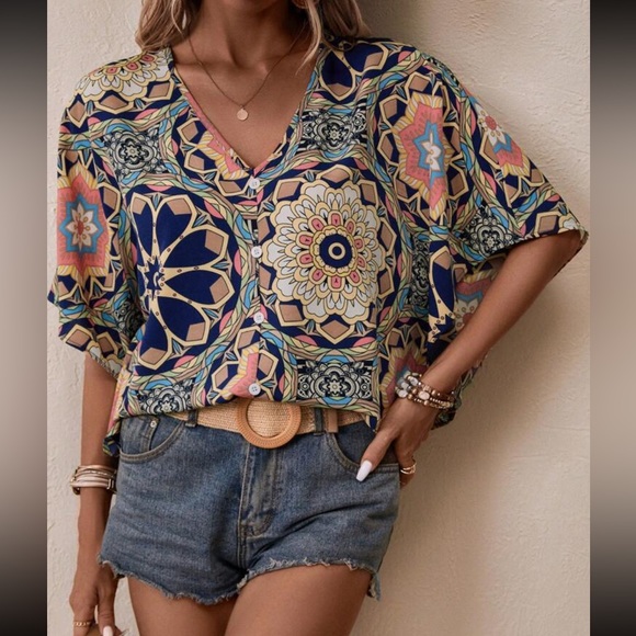 COPY - Boho floral print batwing sleeve blouse